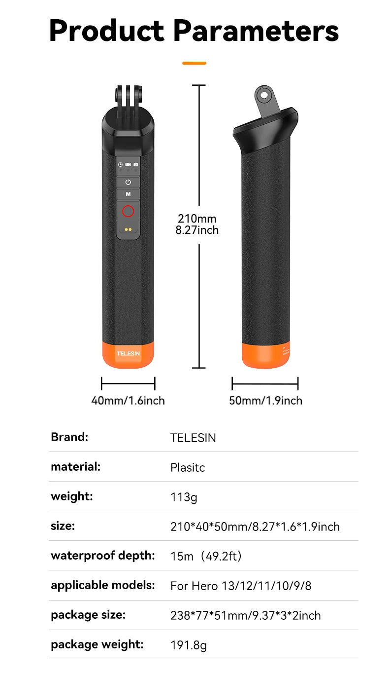 TELESIN Buoyancy Bar Selfie Stick Waterproof Selfie Stick With Hand Strap Wireless Remote Control For Gopro Hero 9 10 11 12 13