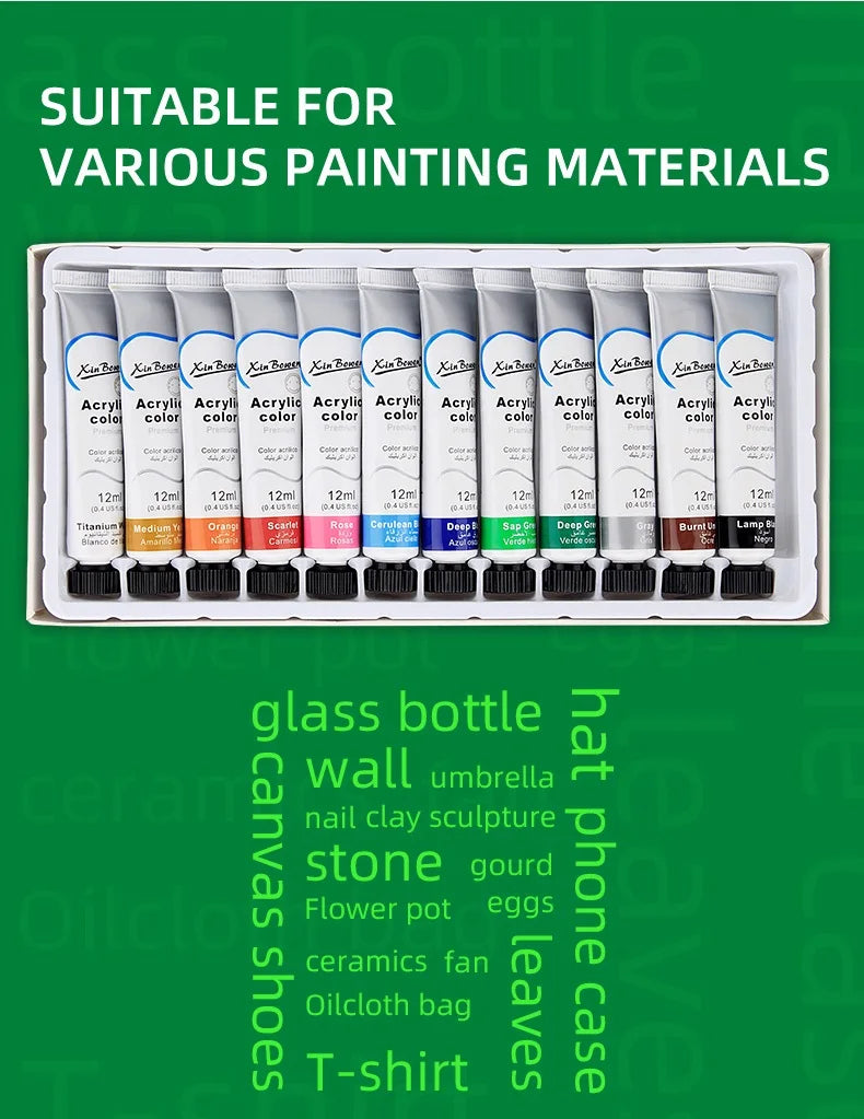 12Color Acrylic Paint Set 12ml Tubes Waterproof Art Supplies for Beginner Artists DIY Painting on Canvas Wall Art Craft Projects