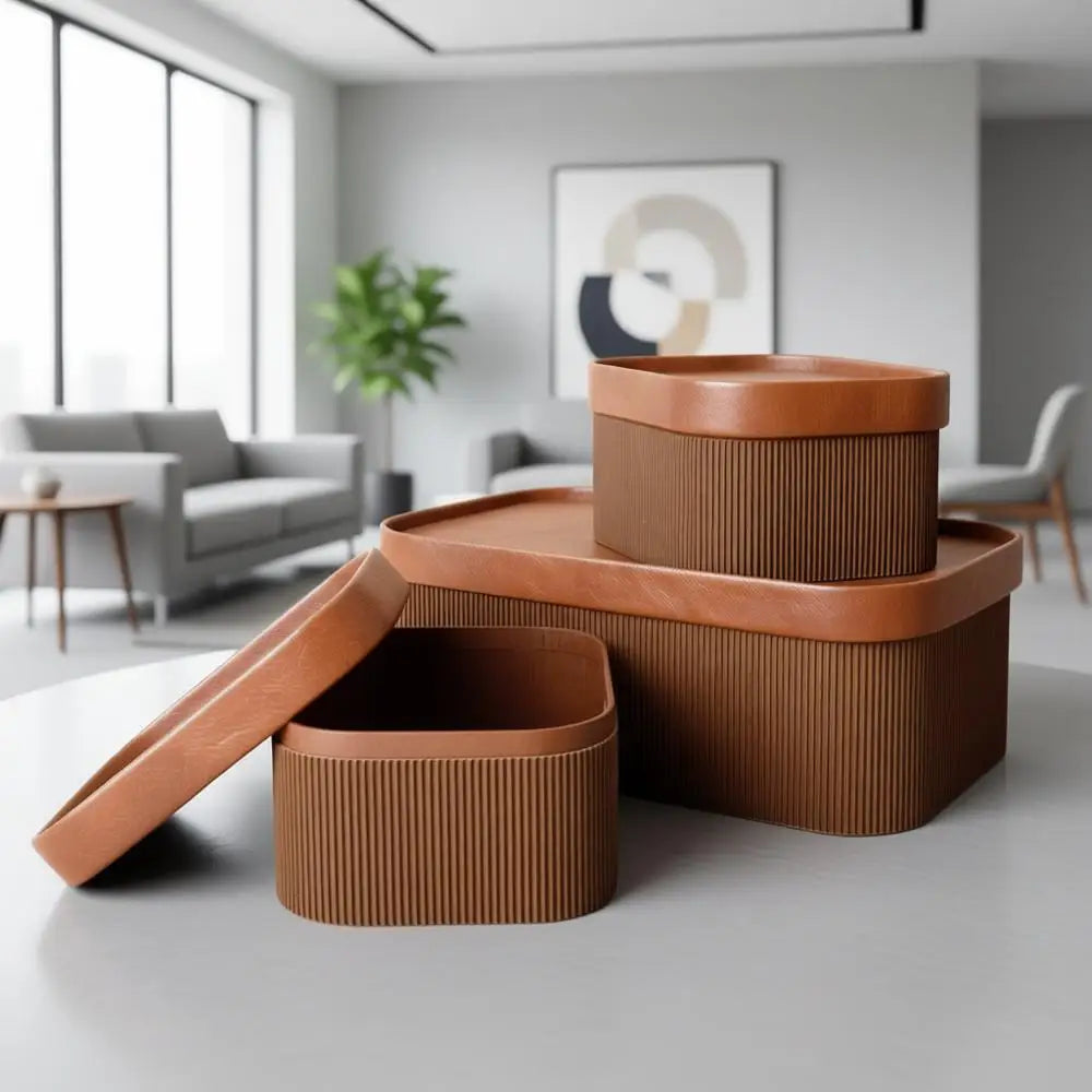 Sturdy Leather-Like Lidded Cardboard Storage Baskets, Stackable Decorative Trays, Chocolate Brown, 3-Piece Set