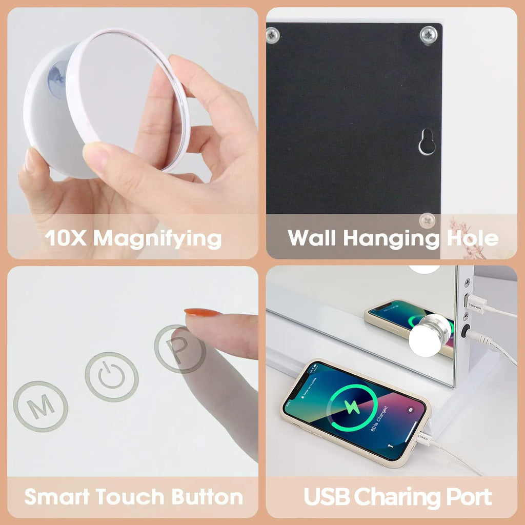 Large Hollywood Makeup Mirror 18 LED Bulbs Vanity Mirror with Protective Power Outlet USB Charging Port 3 Color Lighting Modes