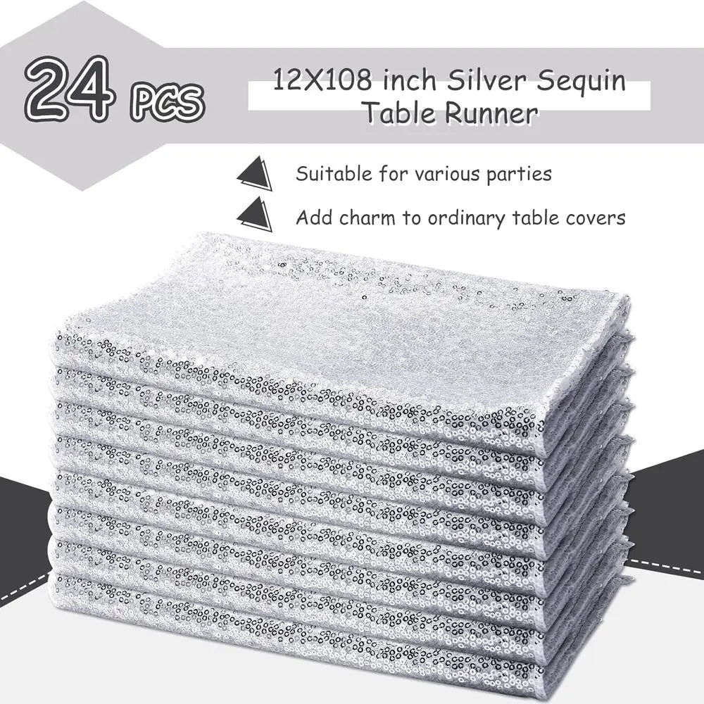 Silver Sequin Table Runners - 24 Pack, 12x108 Inches, Glitter Decorations for Birthdays, Weddings, Engagements, and Holiday Cele