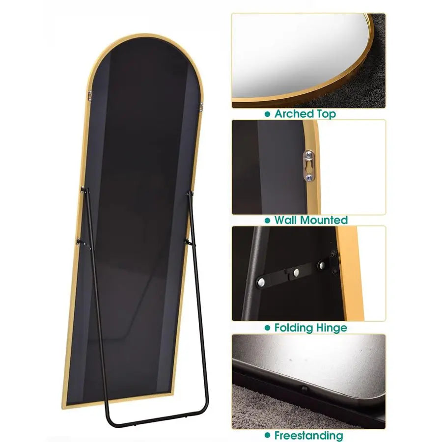Arched Mirror Full Length, Standing or Wall Mounted, 58 18 , Aluminum Frame Gold