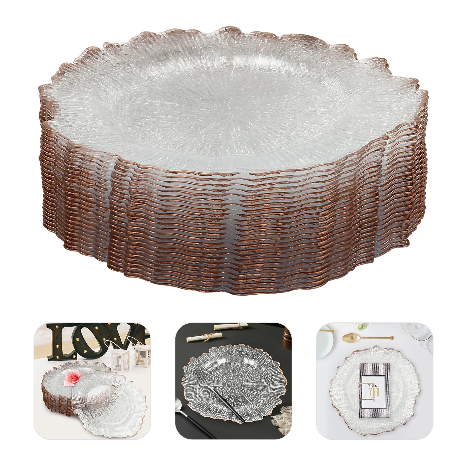 Clear Charger Plates 25 Pieces Rose Gold Flower Shape PS Hot Stamping Dinner Table Charger Plates