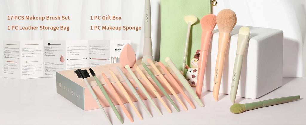 Docolor 17Pcs Makeup Brushes Set Eye Shadow Blush Powder Blending Foundation Cosmetic Brush  With Makeup Sponges And Bag