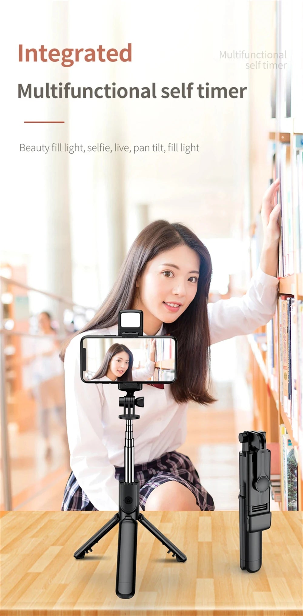 3In1 Bluetooth Wireless Selfie Tripod with Fill Light Shutter Remote Control Portable Foldable Monopod for IPhone Smart Phone
