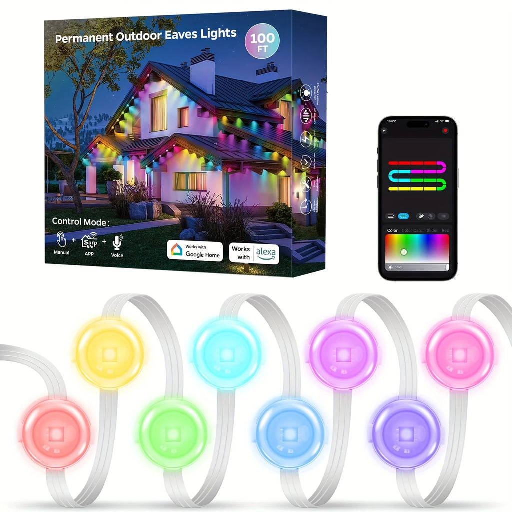 100ft Roof Light - 72 RGB+IC LEDs, IP67 Waterproof, Smart Color Control, Christmas Outdoor Decor