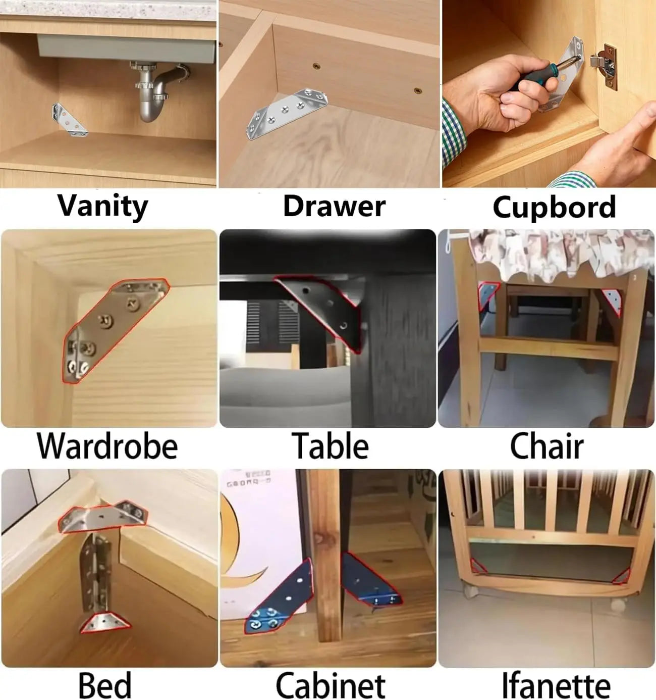 20PCS Stainless Steel L Brackets for Wood Furniture, Shelves, Tables, Cabinets - Universal Corner Connectors