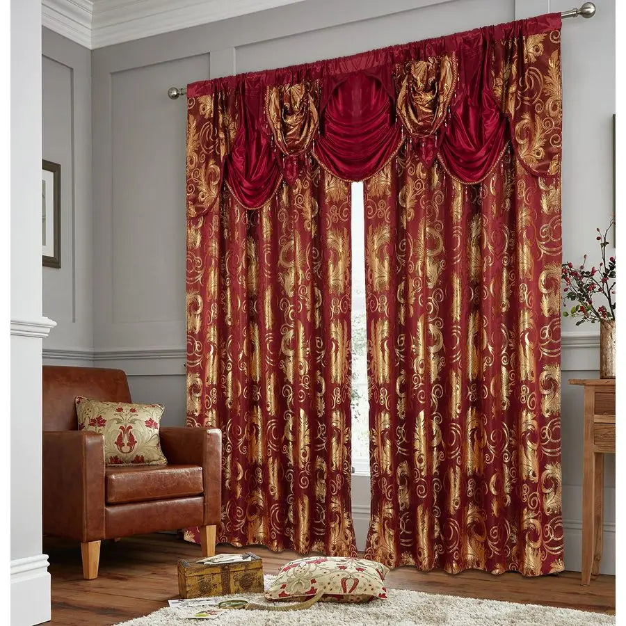 Jacquard Luxury Window 2 Panel Set Burgundy Gold Curtain with Attached Valance and Backing Bedroom Living Room Dining 2 Curtains