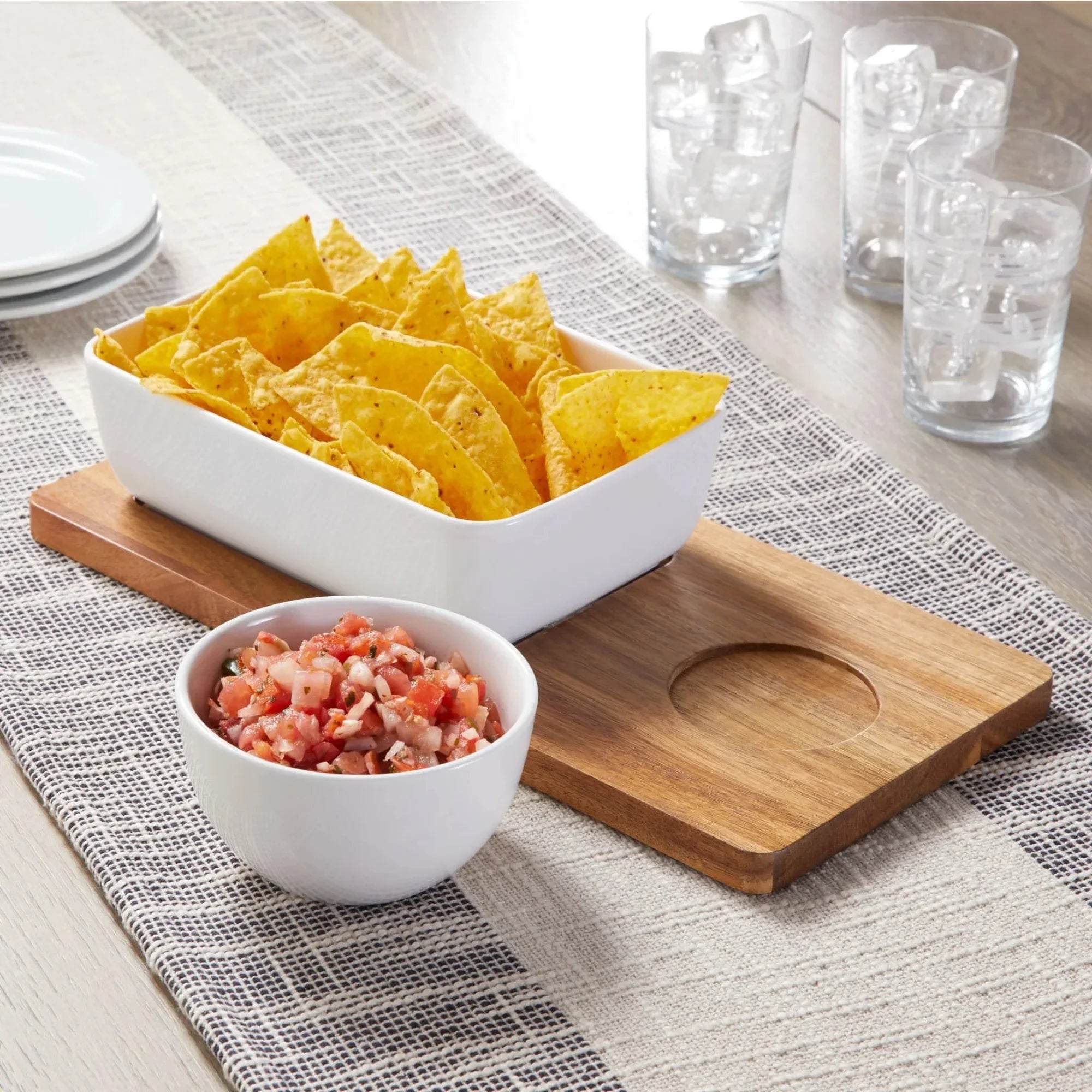 Ceramic Dip Bowl Set with Acacia Wood Tray - Chips & Veggie Platter for Entertaining