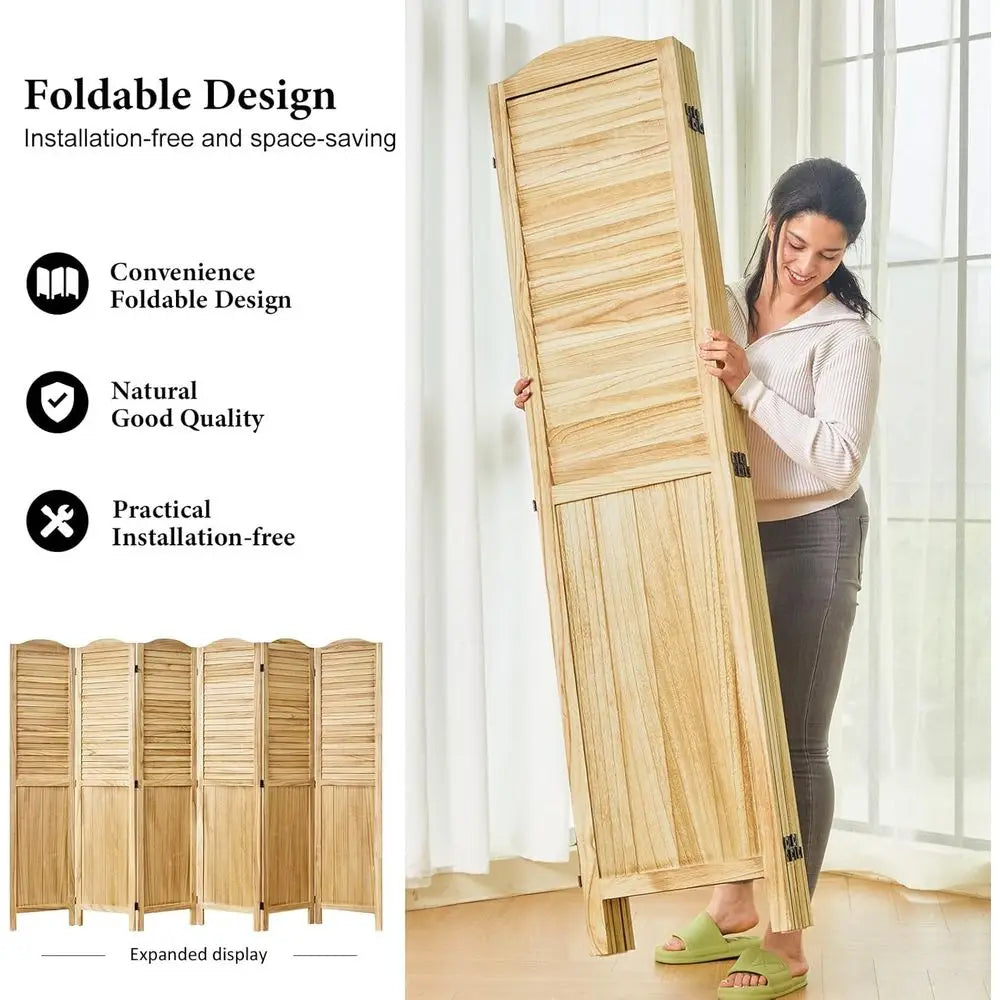 6-Panel Foldable Wooden & MDF Privacy Screens, 5.75 Ft Tall, Natural Finish, for Home Office and Bedroom