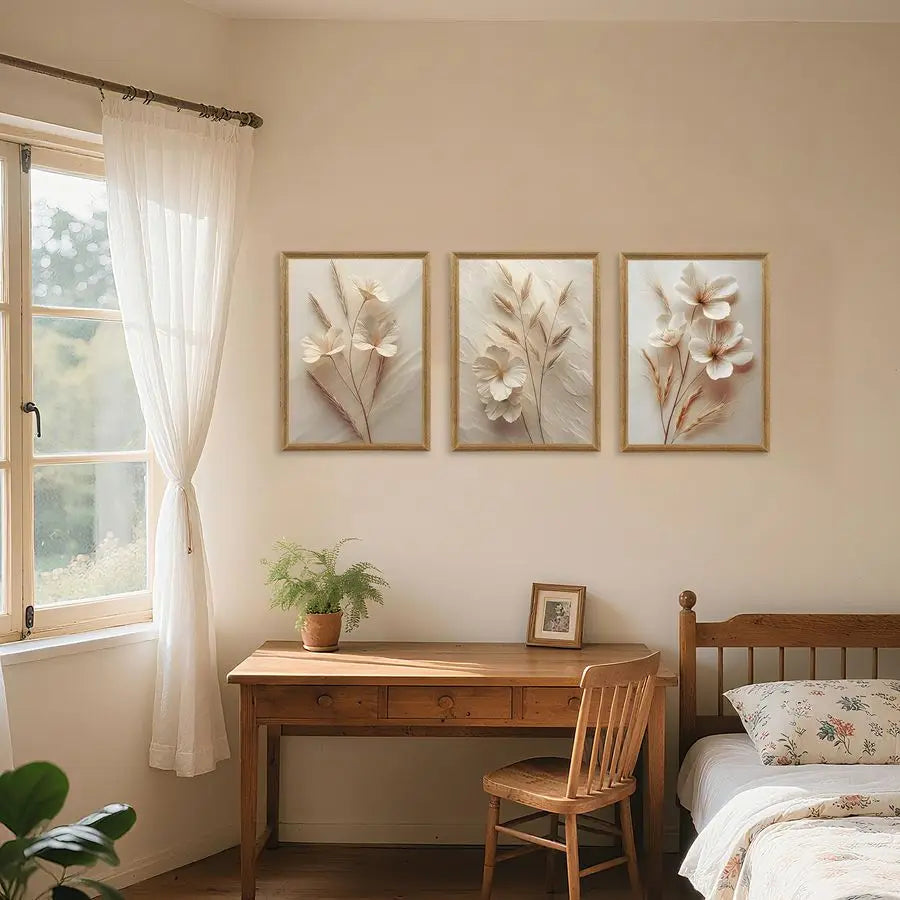 3Pcs Framed Neutral Beige Floral Canvas Wall art, Modern Simple Texture Plant Painting Wall Decor, Vintage Flower Poster Prints