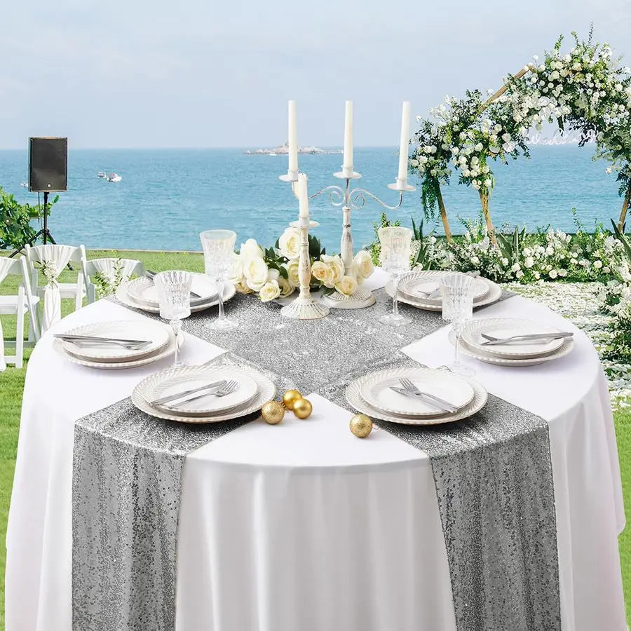 12 Pack Silver Sequin Table Runner 12 x 72, Glitter Sparkle Sequin Runners for Birthday Party Wedding Banquet amp Baby Shower, P