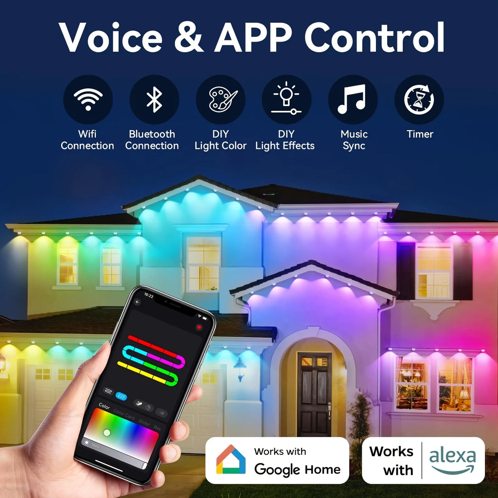 100ft Roof Light - 72 RGB+IC LEDs, IP67 Waterproof, Smart Color Control, Christmas Outdoor Decor