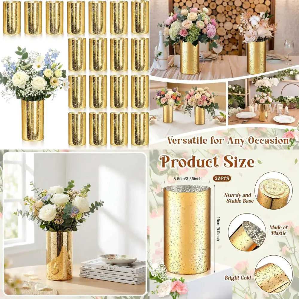 6 Gold Cylinder Vases Set of 20 - Mercury Glass Style for Centerpiece, Candle Holders, Home & Wedding Decor