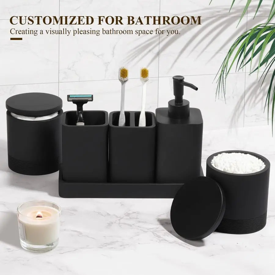 Accessories Set, 6 Piece Bathroom Set with Toothbrush Holders, Soap Dispenser, Vanity Tray, Tumbler, Cotton Swab Jars, Bathroom