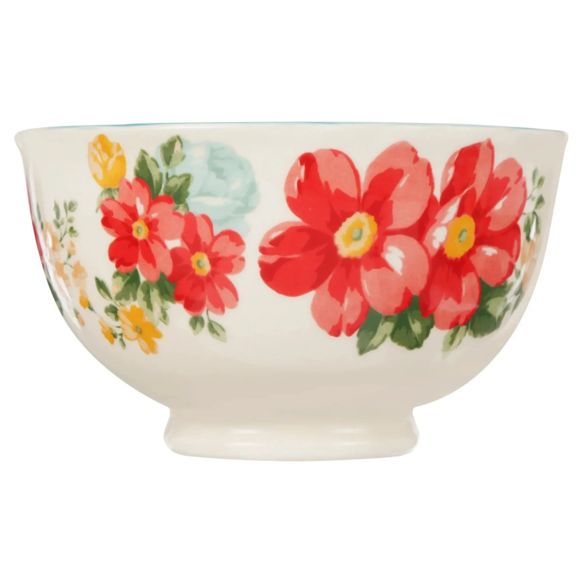 Vintage Floral Teal Footed Bowls, 4-Piece Stoneware Set | Microwave & Dishwasher Safe, Mix & Match Collection