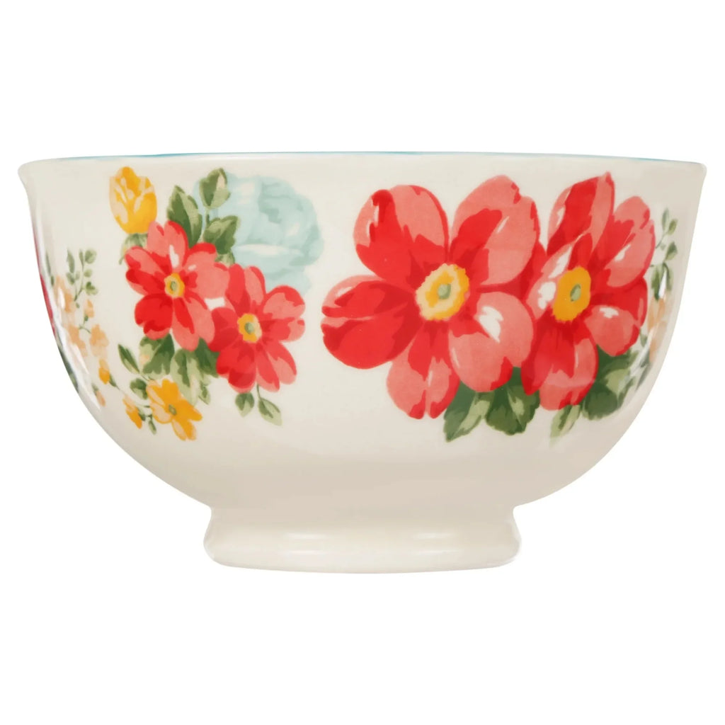 Vintage Floral Teal Footed Bowls, 4-Piece Stoneware Set | Microwave & Dishwasher Safe, Mix & Match Collection