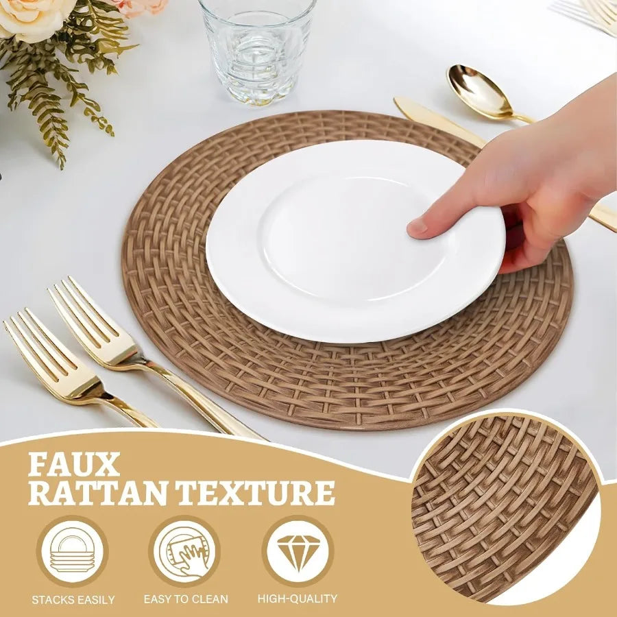 Faux Rattan Charger Plates Set of 12 Table Chargers for Dinner Plates 13" Round Brown Plate Chargers Plastic Charger for Table