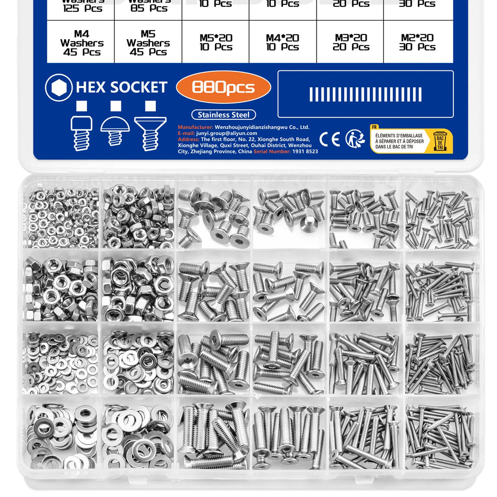 880Pcs Stainless Steel 304 Hex Socket Flat Head Screws Assortment Kit M2 M3 M4 M5 Countersunk Bolts Set with Storage Box