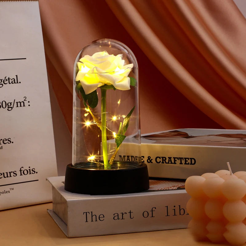 Artificial Rose Flowers LED Light Foil Flower In Glass Cover Eternal Rose Wedding Home Decor Birthday Mother's Day Gift