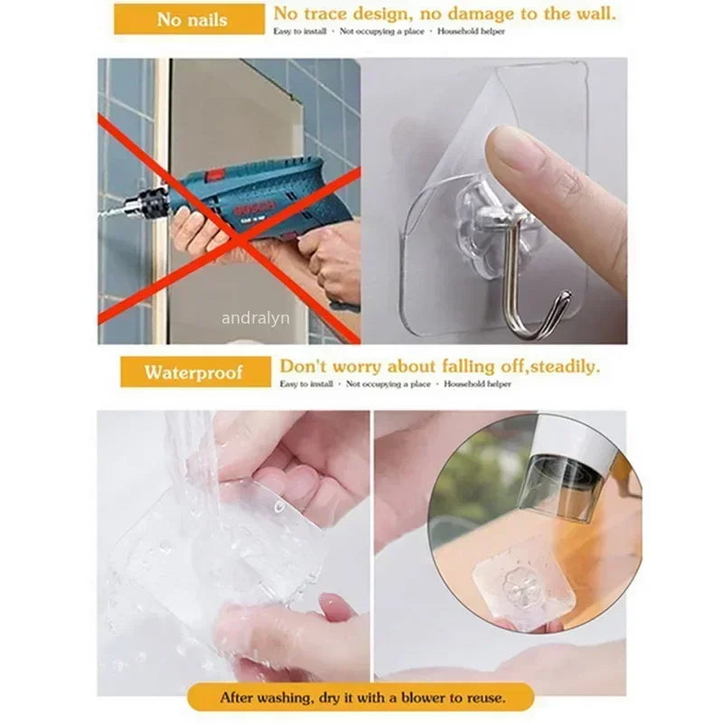 50PCS/100pcs  No Drill Wall Hooks – Heavy Duty 15lb Transparent Adhesive Hooks, Waterproof for Dorm Bathroom & Kitchen