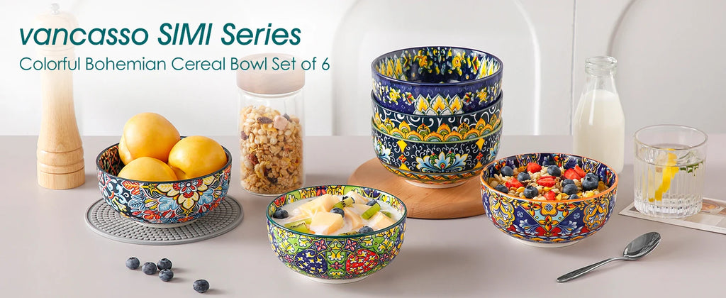 vancasso 6/12 Piece Cereal Bowls Set 28 Oz Ceramic Soup Bowls Bohemian style for Salad/Pasta/Rice/Oatmeal/Fruit/Cereal for  6
