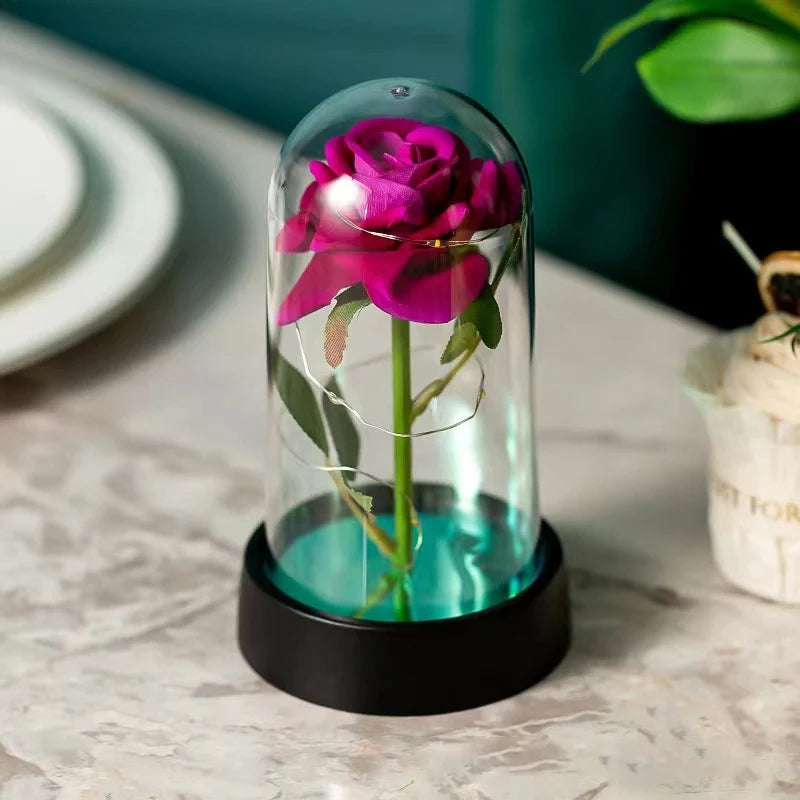 Artificial Rose Flowers LED Light Foil Flower In Glass Cover Eternal Rose Wedding Home Decor Birthday Mother's Day Gift