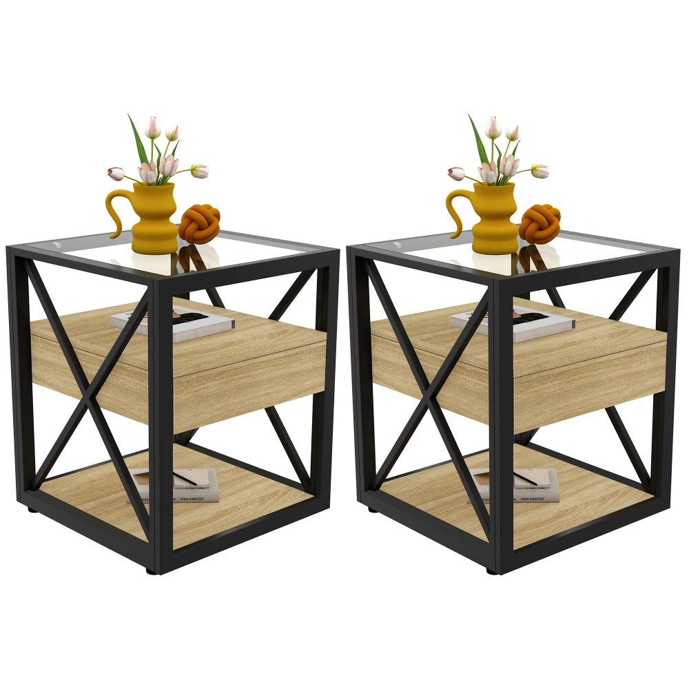 Modern coffee table for Bedroom & Living Room, Tempered Glass&Rustic Wood Grain MDF, Industrial Style coffee table