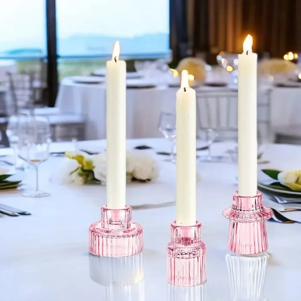 Glass Taper Candle Holder Short Small Boho Ribbed Votive Candlestick Holder for Table Centerpiece Wedding Decor and Dinner Party