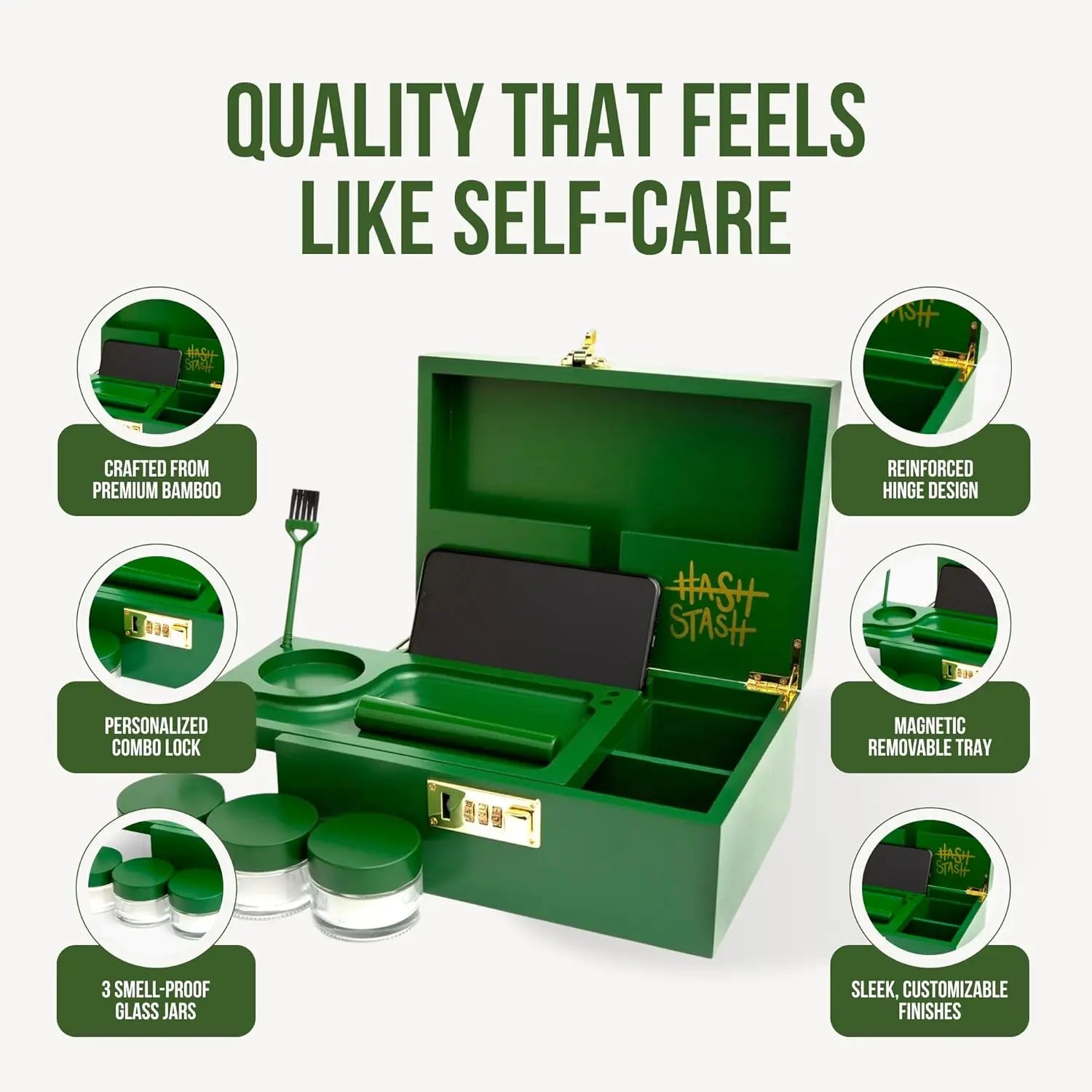 Large Bamboo Storage Box with Lock, Magnetic Lid, Organizer Tray, Jars & Brush - Portable Wooden Decorative Kit in Green/Gold