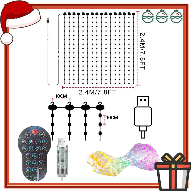 256-400LEDs Smart Curtain Lights Waterproof LED Fairy Lights DIY Color Changing APP Control for Christmas Party Home Decoration