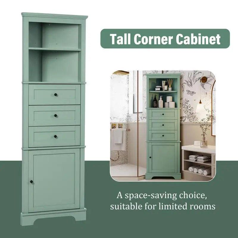 Green Triangle Tall Cabinet, 3 Drawers, Adjustable Shelves, MDF Board, Painted Finish for Bathroom, Kitchen, Living Room -