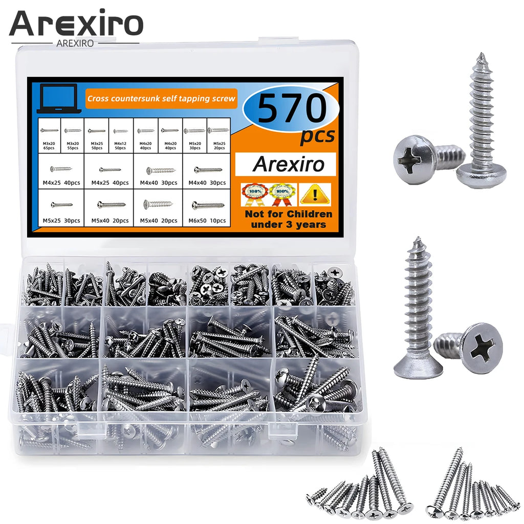 570Pcs Self Tapping Screws Set, 304 Stainless Steel Sheet Metal Screws Kit, Phillips Drive Wood Screw Assortment
