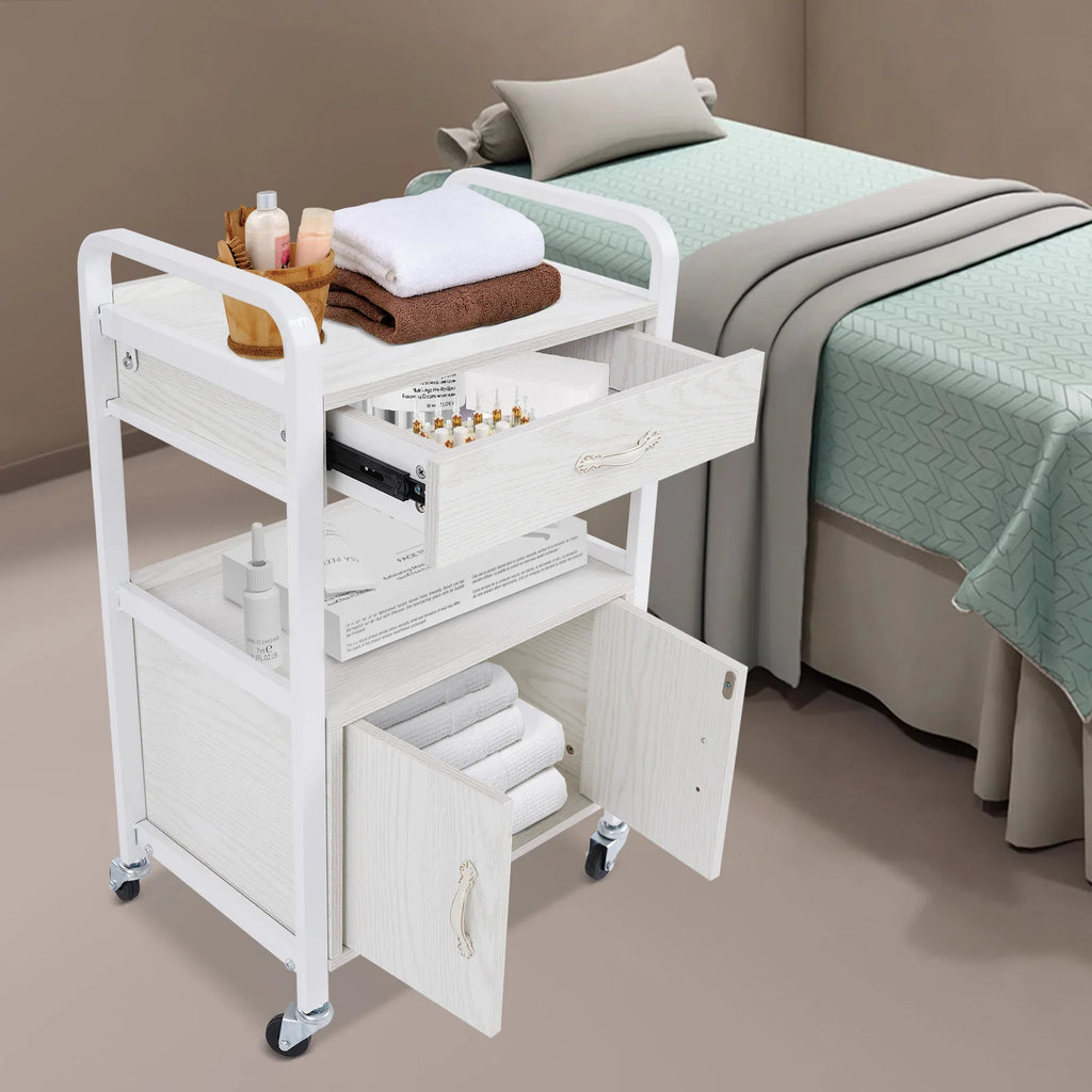 Salon High-density Wood Panels Storage Cart,White Rectangle Free Standing Movable Beauty Organizer 51*33*83cm for Beauty Salons