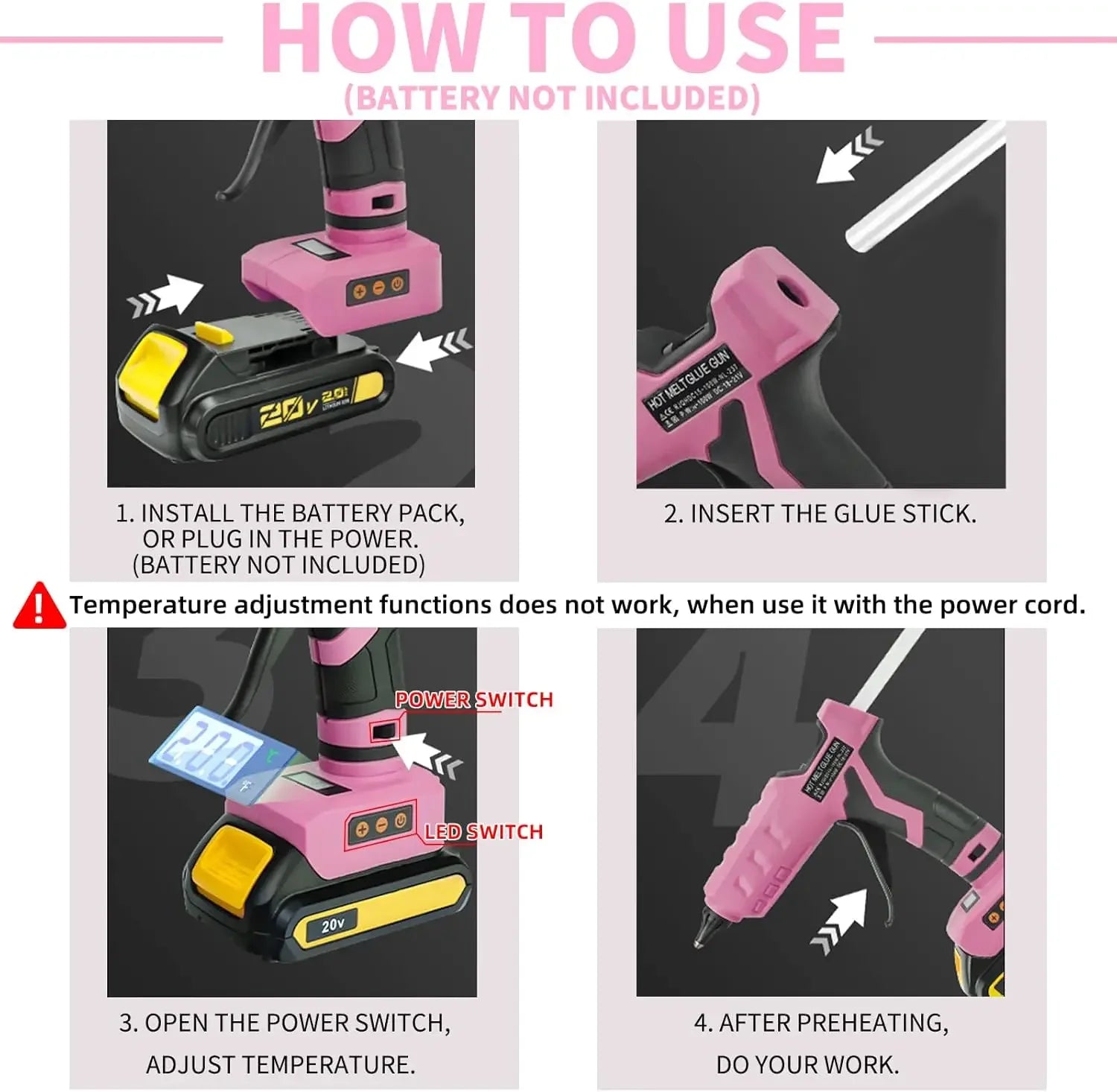 100W Cordless Hot Glue Gun for Dewalt 20V MAX Battery with 20PCS Full Size Glue Sticks, Digital Temperature Adjustable High