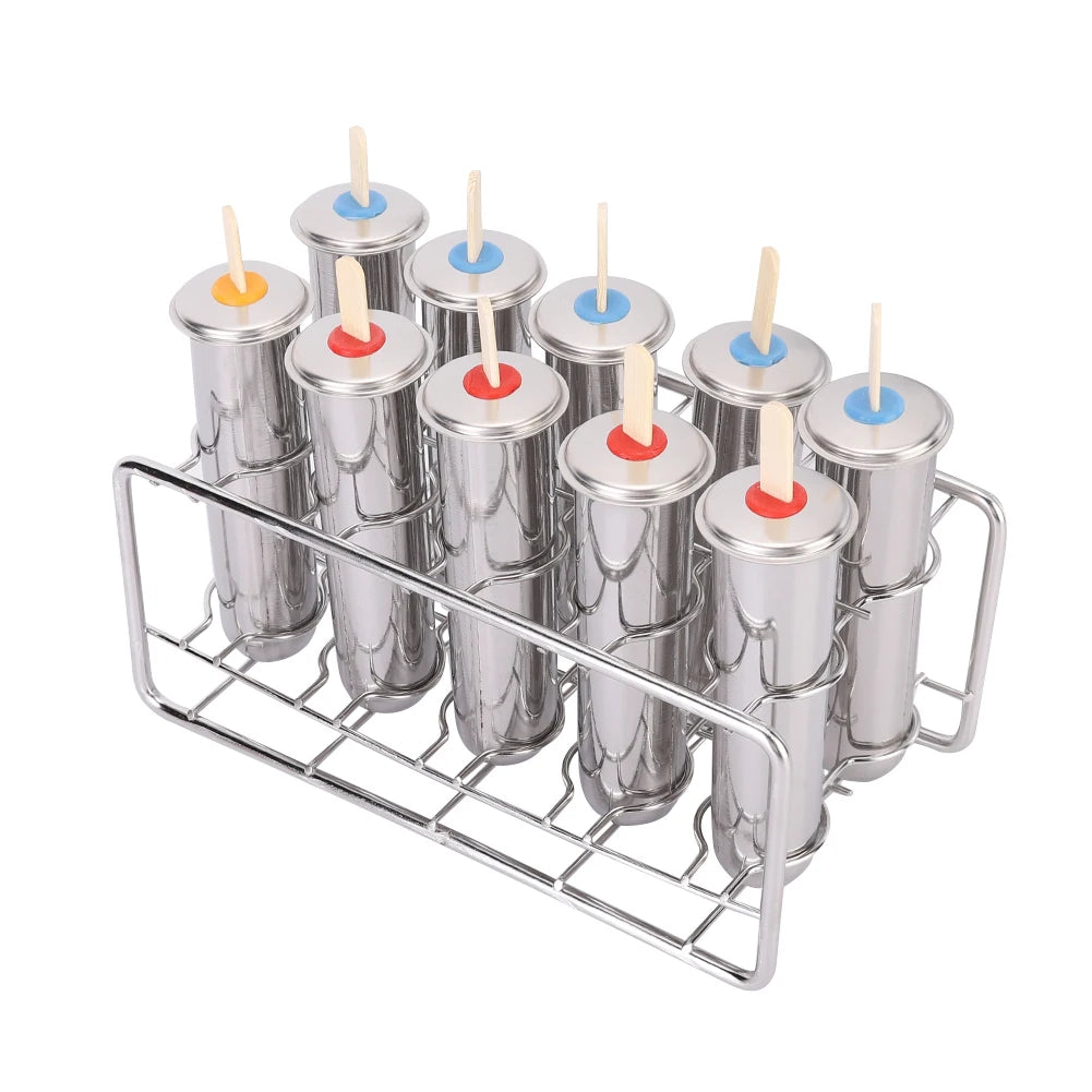 10pcs Ice Cream Molds with Sticks 304 Stainless Steel Household Ice Lolly Popsicle Molds Kit for Home Ice Cream Making Tool