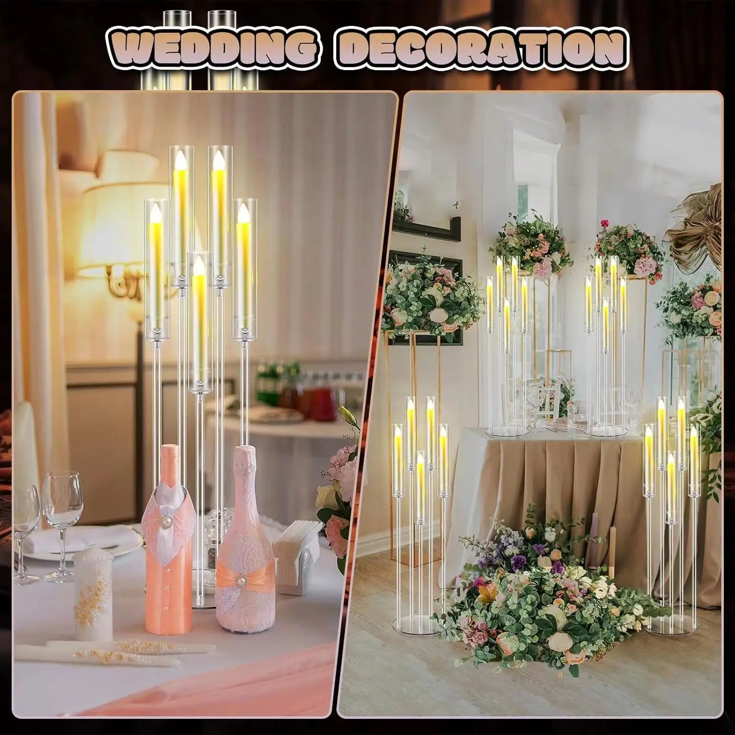 4Sets Acrylic Candelabra Centerpieces for Wedding with LED Candles 33.9 Inches 5 Arm Candlestick Holder with Acrylic Shade for D