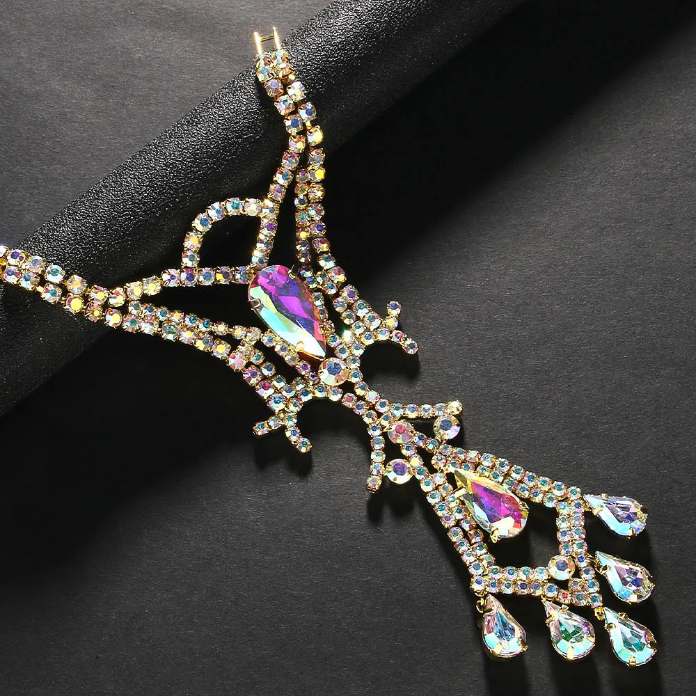 Stonefans Colorful Geometric Back Chain Necklace Belly Dance Jewelry Fashion Water Drop Rhinestone Back Chain Dress for Women