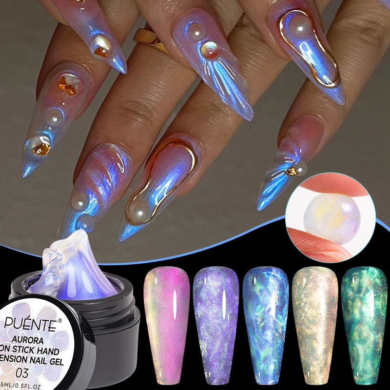PUENTE 7Pcs/set Aurora Glitter Non-Stick Hand Extension Nail Gel Kit 3D Sculpture Carving Soak-Off UV Nail Art Hard Gel Varnish