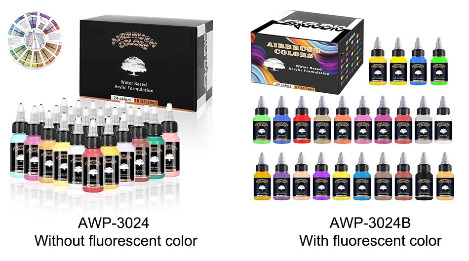SAGUD Airbrush Paint Set 12/24 Colors 30ML Opaque & Water Based Fluorescent Acrylic Paint for Shoes Nails Art DIY Model Painting