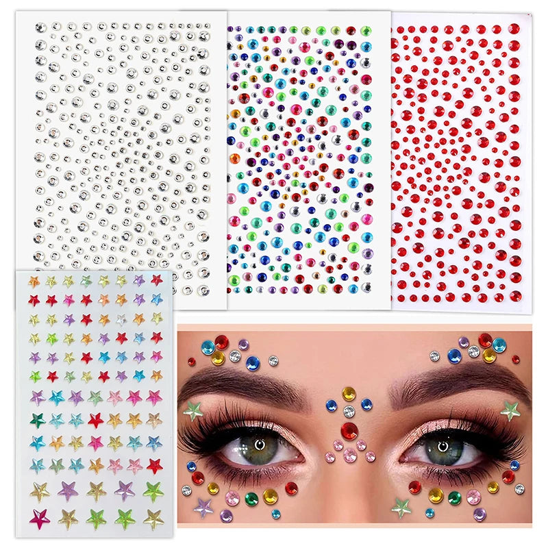 3D Rhinestone Face Stickers Sheet - Self-Adhesive Crystal Eye Gems for Party Makeup, Festival Body Jewelry & Photo  Decor