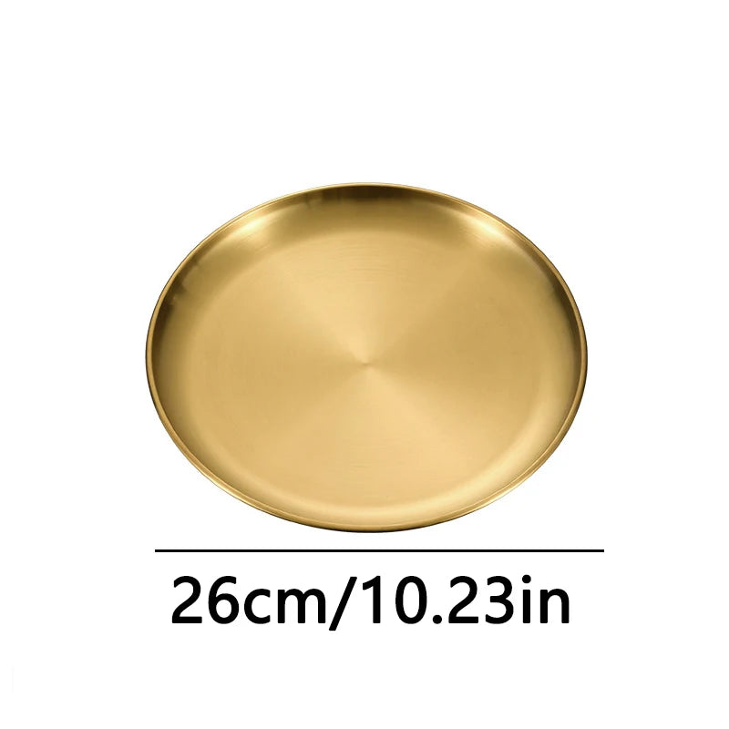 Kitchen Utensils With Shelves Gold Silver Stainless Steel Circular Plates Trays Shallow Bottom Rust Proof Plates Picnic Plate