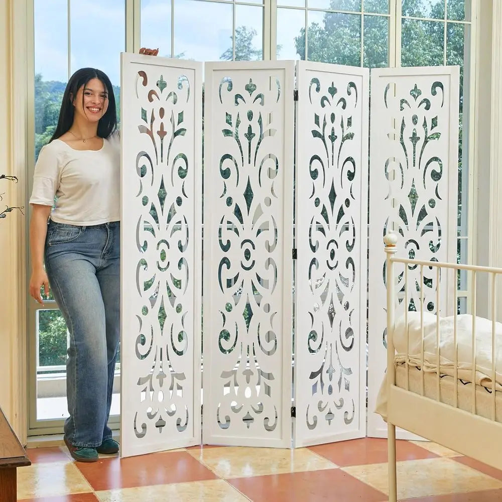 4-Panel White Classic Carved Wooden Room Divider for Home, Office, or Garden