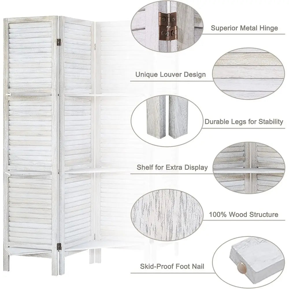 6-Panel Wooden Folding Privacy Screen with Shelves, Portable Room Divider for Home and Office