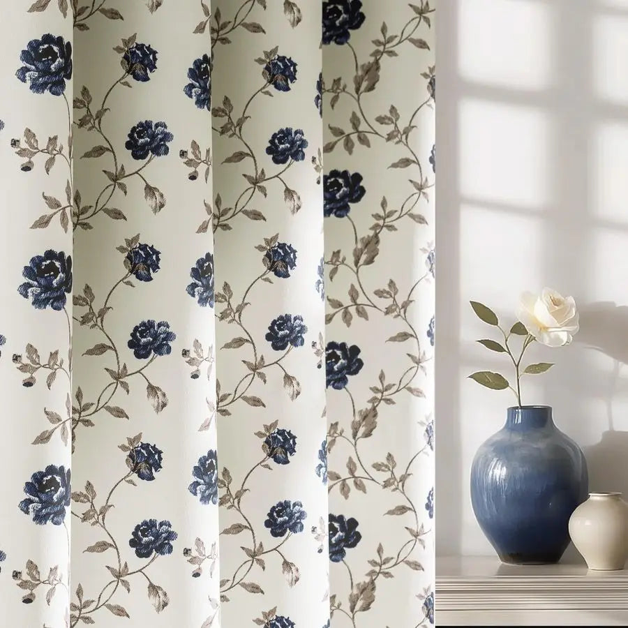 Blue Floral 100 Blackout Curtains 54 Inches Long 2 Panels for Bedroom Living Room Vintage Rose Flower Patterned Room Darkening T