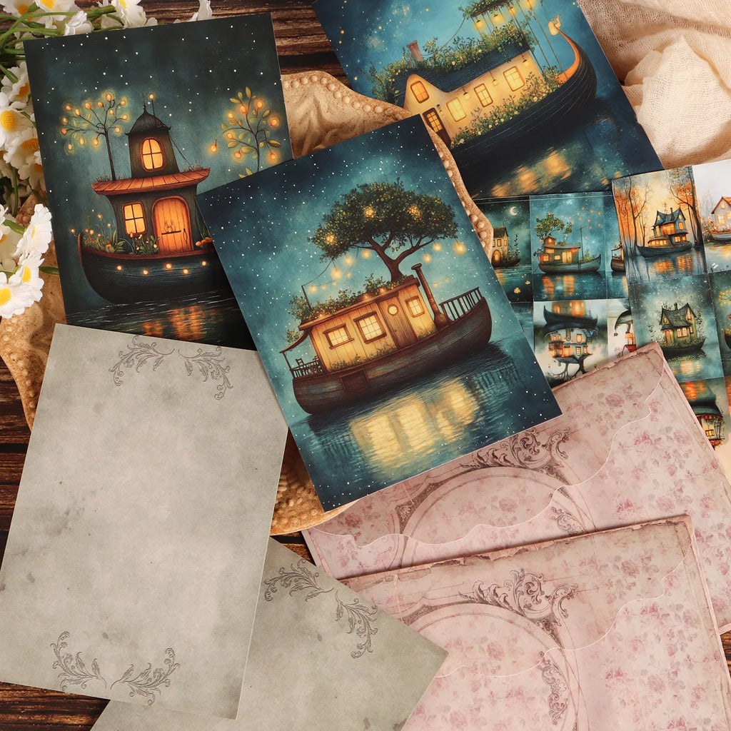 16cards, 4envelopes, 36stickers Moon Boat Double-sided Writable Cardboard Set, for Greetingcard, Scrapbooking Supplies,  Crafts