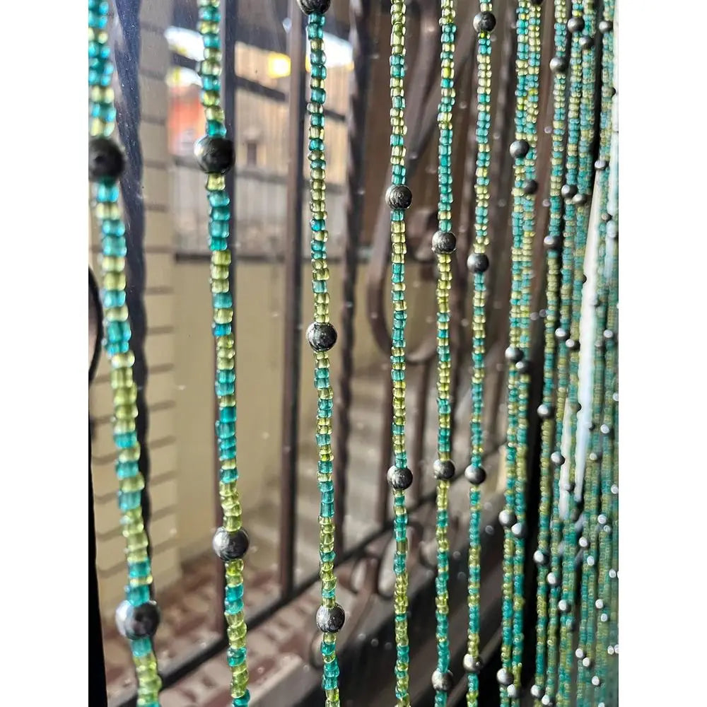 Green Bohemian Style Beaded Curtain, 76 Glass Beads for Doorways, Windows, and Room Decor