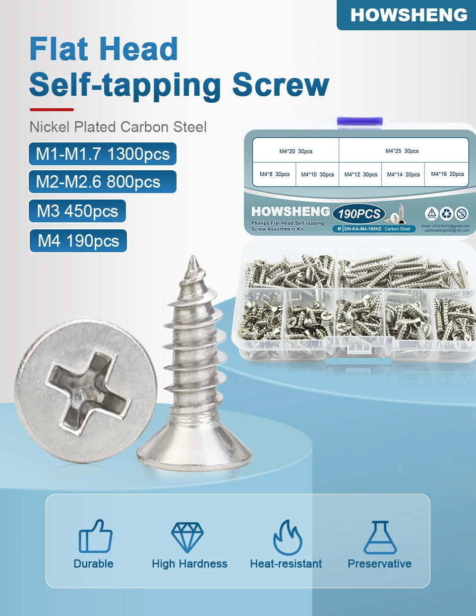 190/450/800/1300pcs Cross Flat Head Self-tapping Screws Set Assortment Kit Nickel Plated M1-M4 Phillips Head Wood Screw