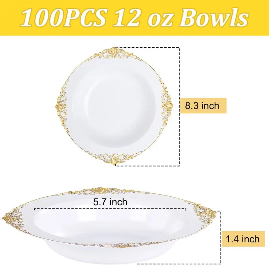 Gold Plastic Bowls 12 oz White Disposable Salad Bowls Heavy Duty Soup Serving Bowl Fancy Plastic Ice Cream Bowl for Parties, Din