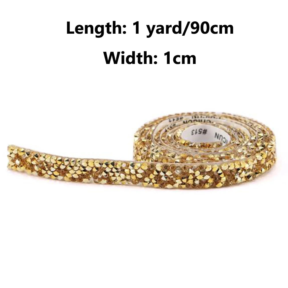 1 Yard Self-Adhesive Gold Crystal Rhinestone Tape Trim Applicator DIY Shoes Dresses Decoration Rhinestones Ribbon Roll Crafts